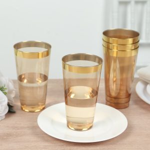 12-Pack Plastic Party Cups 17oz Amber Gold with Gold Rim - Disposable Drinking Tumblers 5.5"