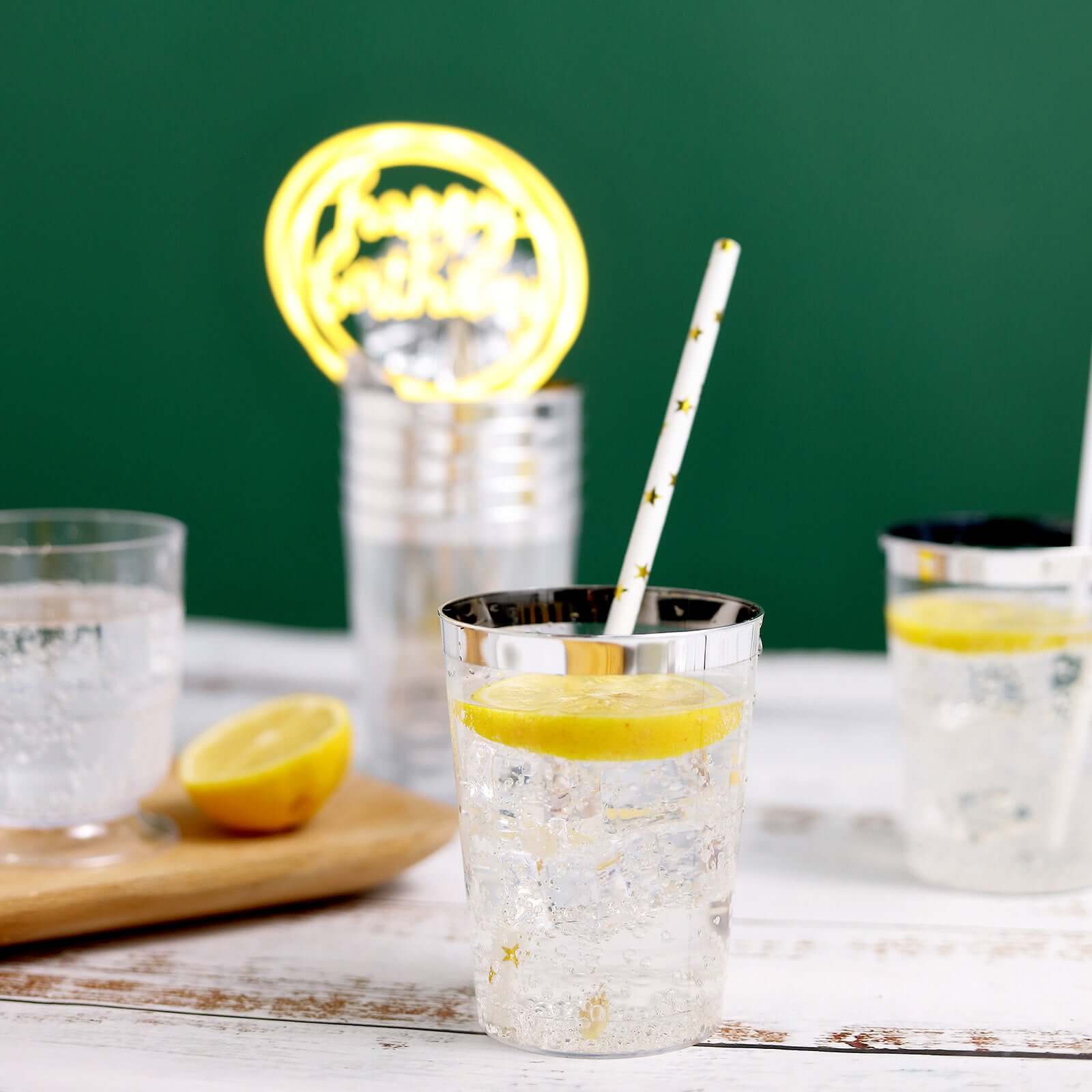 25-Pack Plastic Tumbler Cups 10oz Clear with Silver Rim - Disposable Crystal Drinking Glasses for Parties - Pack of 25 Cups